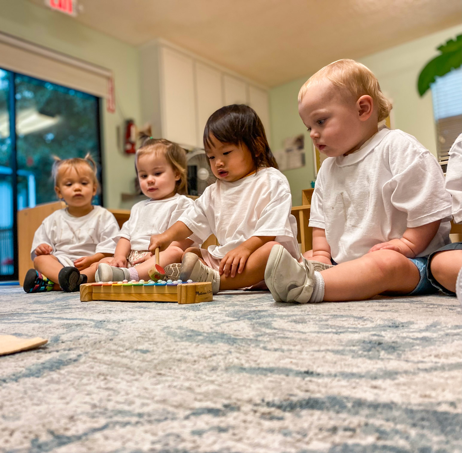 The Absorbent Mind in early education with these older infants. They are seeing how the instrument is being played by the teacher.